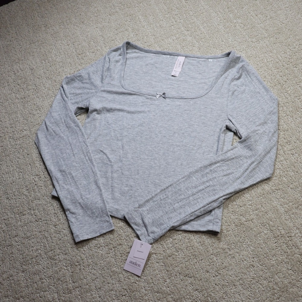 Auden Sleepwear Gray Ribbed Long Sleeve Square Neck Pajama Top Bow Accent M